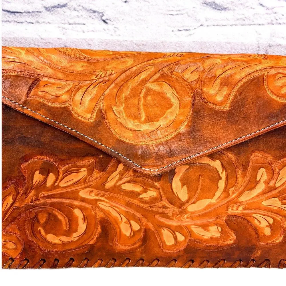 VTG Hand Tooled Floral Designs Leather Envelope Clutch Handbag